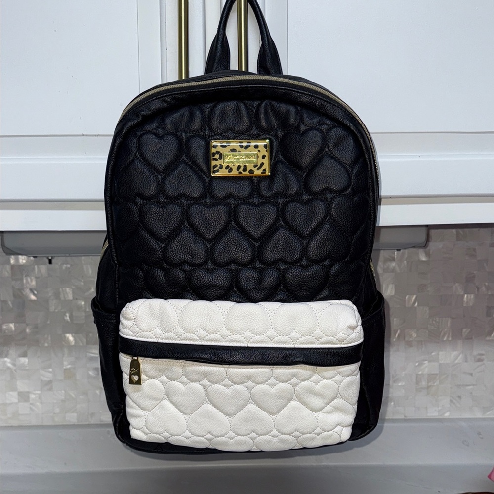 Betsey Johnson Quilted Heart Backpack in Black and White